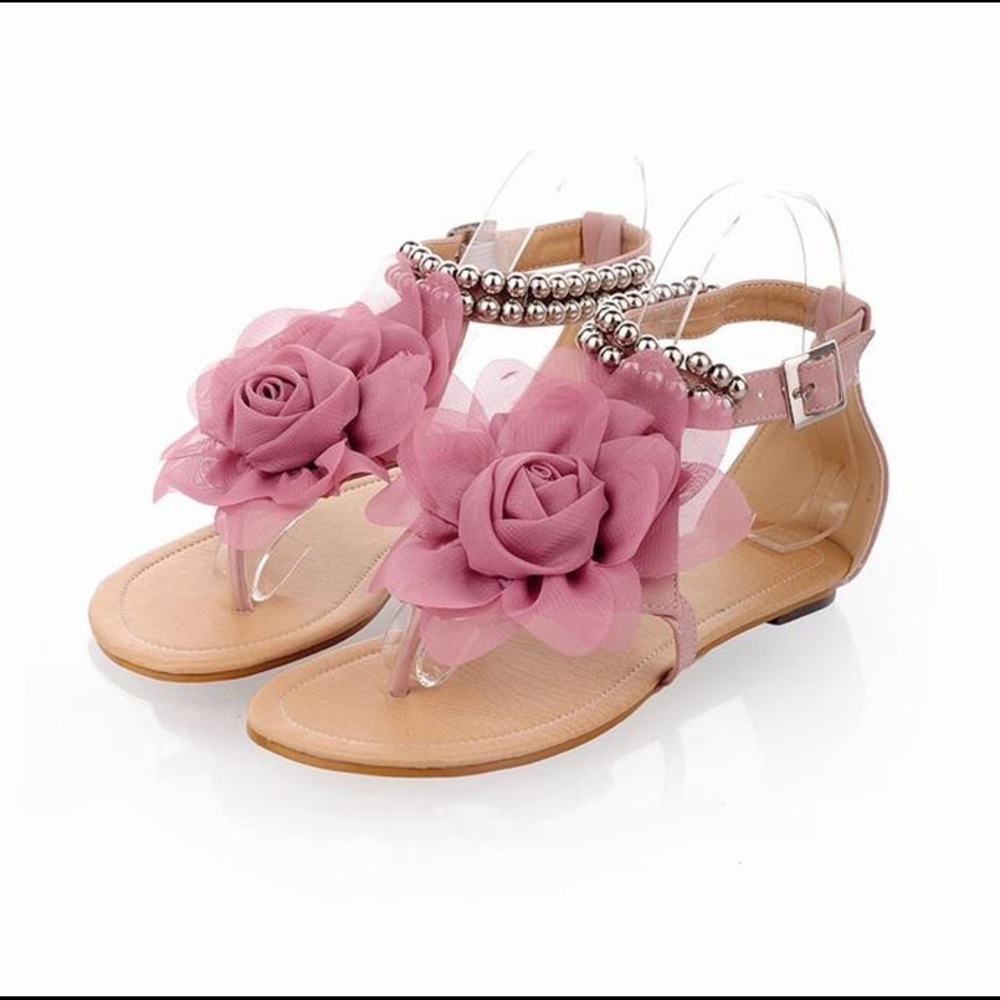 Sweet Lady Flower Dec. Ankle Strap Flat Sandals